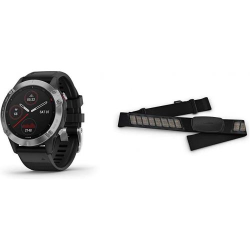 가민 Garmin Fenix 6, Premium Multisport GPS Watch, Heat and Altitude Adjusted V02 Max, Pulse Ox Sensors and Training Load Focus, Silver with Black Band & 010-12883-00 HRM-Dual Heart Rat