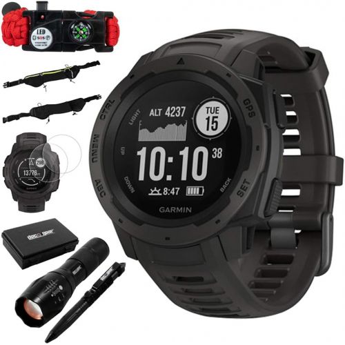 가민 Garmin Instinct Rugged Outdoor Watch w/GPS & Heart Rate Monitoring, Graphite +Accessories Bundle Includes, Tactical Emergency Bracelet, Tactical Flashlight & Pen Set w/Case, Zipper