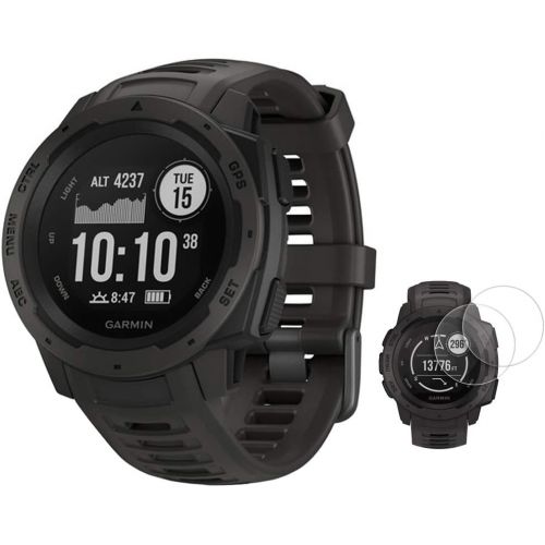 가민 Garmin Instinct Rugged Outdoor Watch with GPS and Heart Rate Monitoring Graphite (010-02064-00) with Deco Essentials 2-Pack Screen Protector Instinct