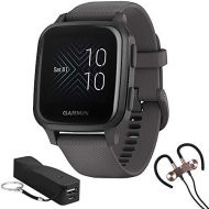 Garmin 010-02427-00 Venu Sq, Slate Aluminum Bezel with Shadow Gray Case and Silicone Band Bundle with Deco Essentials Portable Keychain Charger and Deco Gear Magnetic Wireless Spor