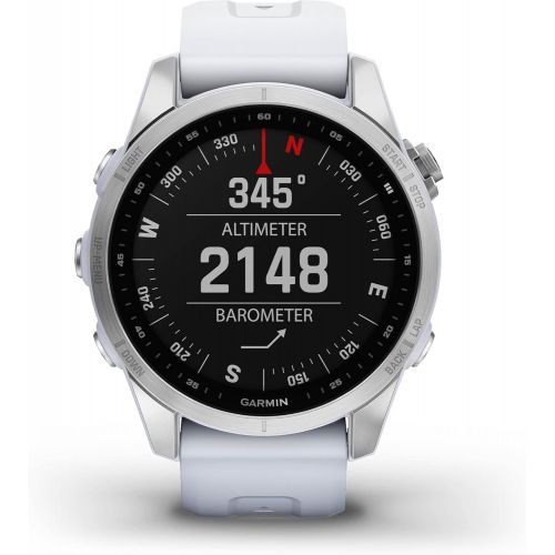 가민 Garmin Fenix 7S, Smaller Sized Adventure smartwatch, Rugged Outdoor Watch with GPS, Touchscreen, Health and Wellness Features, Silver with Whitestone Band