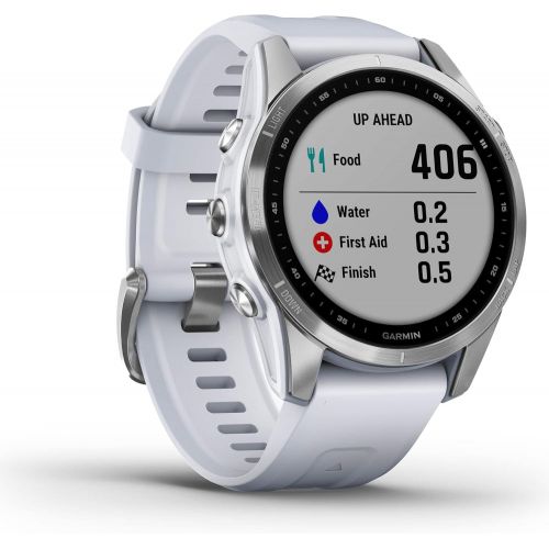 가민 Garmin Fenix 7S, Smaller Sized Adventure smartwatch, Rugged Outdoor Watch with GPS, Touchscreen, Health and Wellness Features, Silver with Whitestone Band