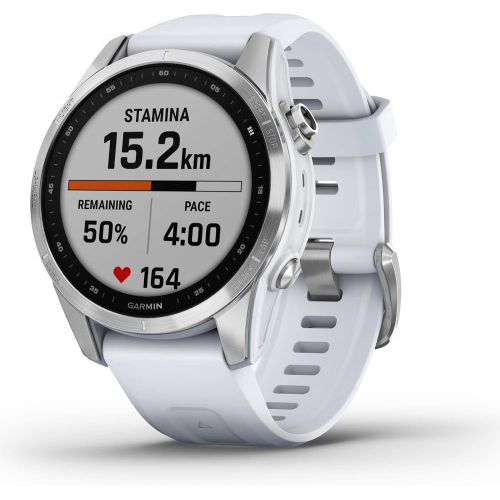 가민 Garmin Fenix 7S, Smaller Sized Adventure smartwatch, Rugged Outdoor Watch with GPS, Touchscreen, Health and Wellness Features, Silver with Whitestone Band