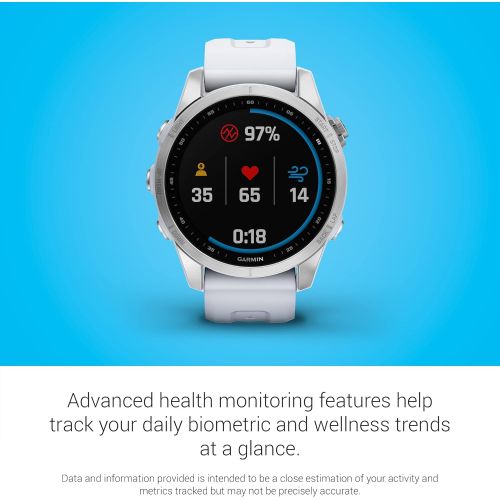 가민 Garmin Fenix 7S, Smaller Sized Adventure smartwatch, Rugged Outdoor Watch with GPS, Touchscreen, Health and Wellness Features, Silver with Whitestone Band