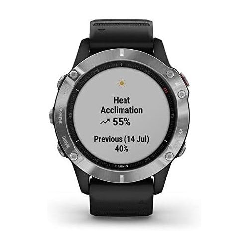 가민 Garmin fenix 6, Premium Multisport GPS Watch, Heat and Altitude Adjusted V02 Max, Pulse Ox Sensors and Training Load Focus, Silver with Black Band