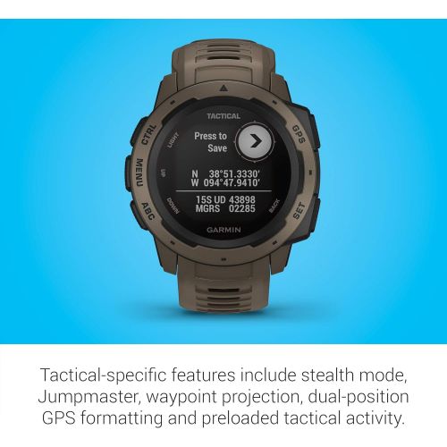 가민 Garmin Instinct Tactical, Rugged GPS Watch, Tactical Specific Features, Constructed to U.S. Military Standard 810G for Thermal, Shock and Water Resistance, Tan