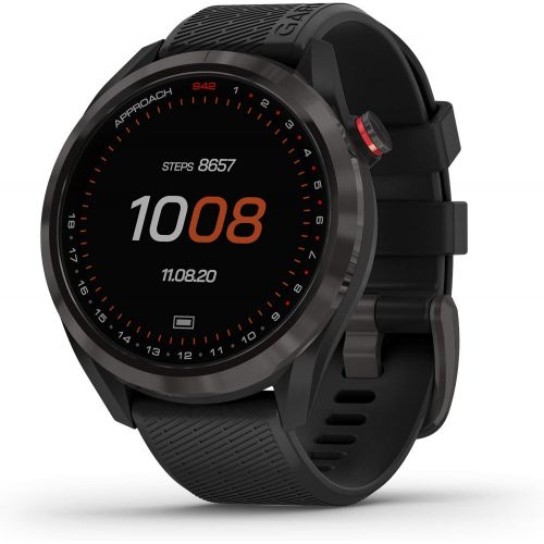 가민 Garmin Approach S42, GPS Golf Smartwatch, Lightweight with 1.2 Touchscreen, 42k+ Preloaded Courses, Gunmetal Ceramic Bezel and Black Silicone Band, 010-02572-10