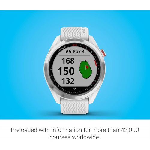 가민 Garmin Approach S42, GPS Golf Smartwatch, Lightweight with 1.2 Touchscreen, 42k+ Preloaded Courses, Silver Ceramic Bezel and White Silicone Band, 010-02572-11