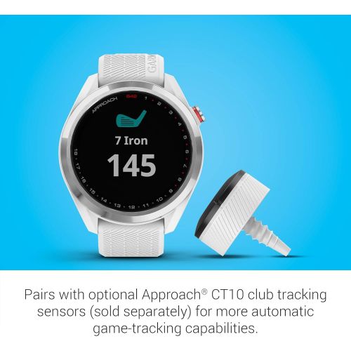 가민 Garmin Approach S42, GPS Golf Smartwatch, Lightweight with 1.2 Touchscreen, 42k+ Preloaded Courses, Silver Ceramic Bezel and White Silicone Band, 010-02572-11