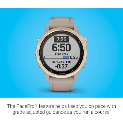 가민 [아마존베스트]Garmin fenix 6s Pro Solar, Smaller-Sized Solar-Powered Multisport GPS Watch, Advanced Training Features and Data, Light Gold with Tan Band