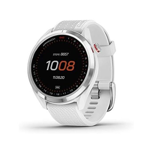 가민 Garmin Approach S42, GPS Golf Smartwatch, Lightweight with 1.2 Touchscreen, 42k+ Preloaded Courses, Silver Ceramic Bezel and White Silicone Band, 010-02572-11