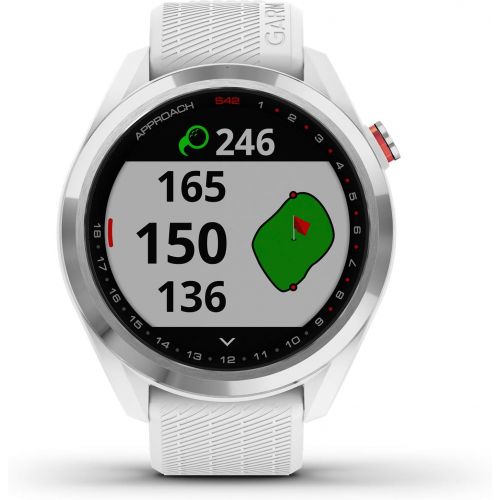 가민 Garmin Approach S42, GPS Golf Smartwatch, Lightweight with 1.2 Touchscreen, 42k+ Preloaded Courses, Silver Ceramic Bezel and White Silicone Band, 010-02572-11
