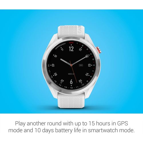 가민 Garmin Approach S42, GPS Golf Smartwatch, Lightweight with 1.2 Touchscreen, 42k+ Preloaded Courses, Silver Ceramic Bezel and White Silicone Band, 010-02572-11