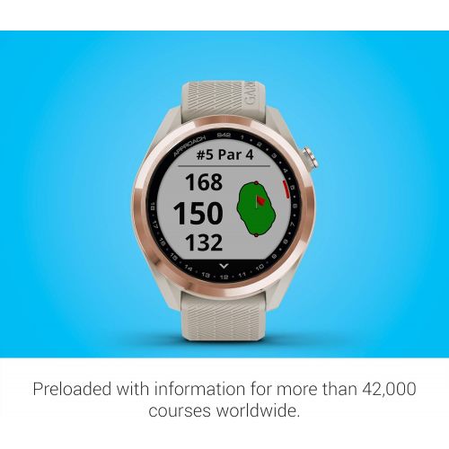 가민 Garmin Approach S42, GPS Golf Smartwatch, Lightweight with 1.2 Touchscreen, 42k+ Preloaded Courses, Rose Gold Ceramic Bezel and Tan Silicone Band, 010-02572-12