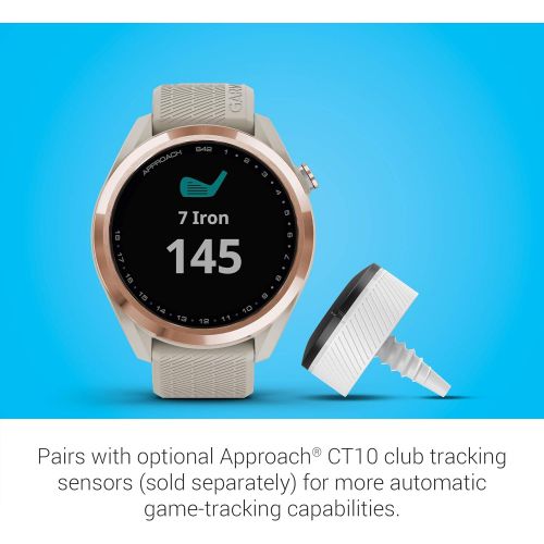 가민 Garmin Approach S42, GPS Golf Smartwatch, Lightweight with 1.2 Touchscreen, 42k+ Preloaded Courses, Rose Gold Ceramic Bezel and Tan Silicone Band, 010-02572-12