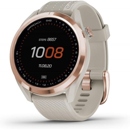 가민 Garmin Approach S42, GPS Golf Smartwatch, Lightweight with 1.2 Touchscreen, 42k+ Preloaded Courses, Rose Gold Ceramic Bezel and Tan Silicone Band, 010-02572-12