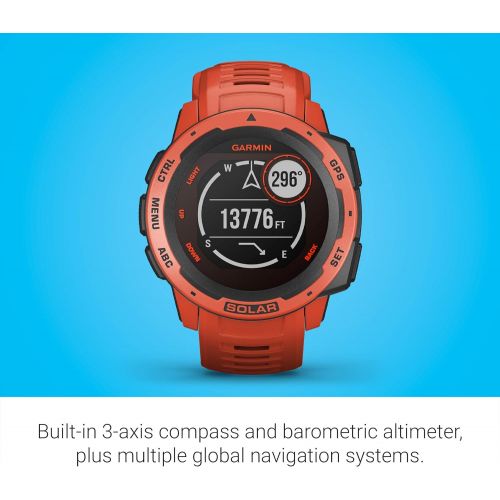 가민 Garmin Instinct Solar, Rugged Outdoor Smartwatch with Solar Charging Capabilities, Built-in Sports Apps and Health Monitoring, Flame Red