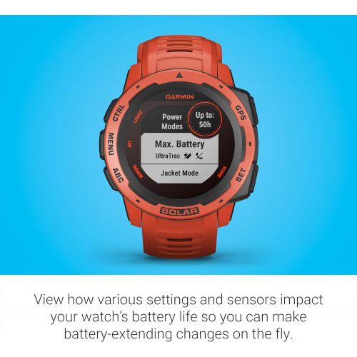 가민 Garmin Instinct Solar, Rugged Outdoor Smartwatch with Solar Charging Capabilities, Built-in Sports Apps and Health Monitoring, Flame Red
