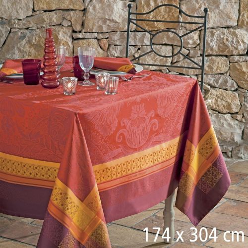  Garnier-Thiebaut Isaphire Feu (Isaphire Fire), Woven French Tablecloth, 69 Inches X 120 Inches, 100 Percent Cotton, Green Sweet Treated