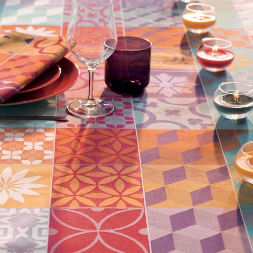 Garnier-Thiebaut, Milles Tiles Multicolore French Jacquard Tablecloth, 69 x 84, 100% Coated Cotton, Imported