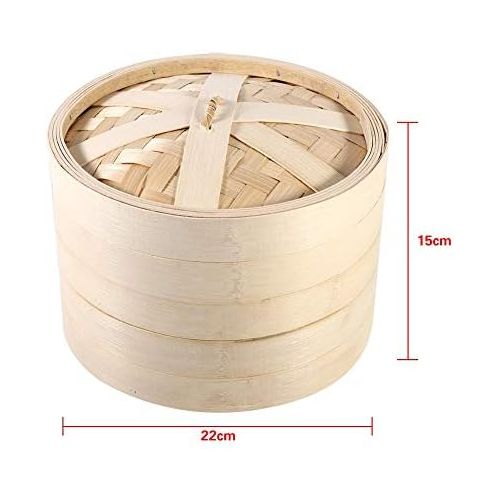  [아마존베스트]Garsent Steamer, 2 Tier Bamboo Steamer Basket with Lid Chinese Natural Rice Cooking Stove for Home Kitchen Restaurant etc., 22cm