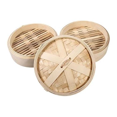  [아마존베스트]Garsent Steamer, 2 Tier Bamboo Steamer Basket with Lid Chinese Natural Rice Cooking Stove for Home Kitchen Restaurant etc., 22cm