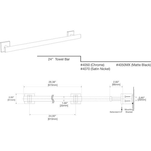  Gatco 4050 Elevate 24 Towel Bar, Chrome