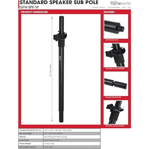  Gator Frameworks Standard Subwoofer/Speaker Extender Pole and 20mm Adapter; Fits M6 Threading (GFW-SPK-SP),Black
