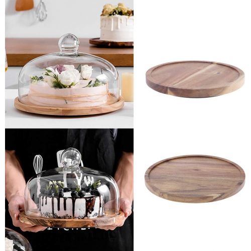  Gazechimp Flat Round Wood Server Cake Stand with Glass Dome - Turntable for Fruit Dessert and More Food, 2 Sizes Optional - S