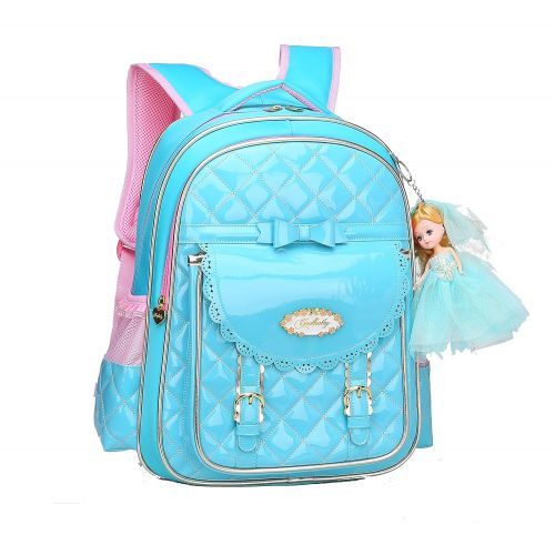  Gazigo Bookbag for Girls,Waterproof PU Leather Kids Backpack Cute School Bookbag for Girls (Blue, Large)