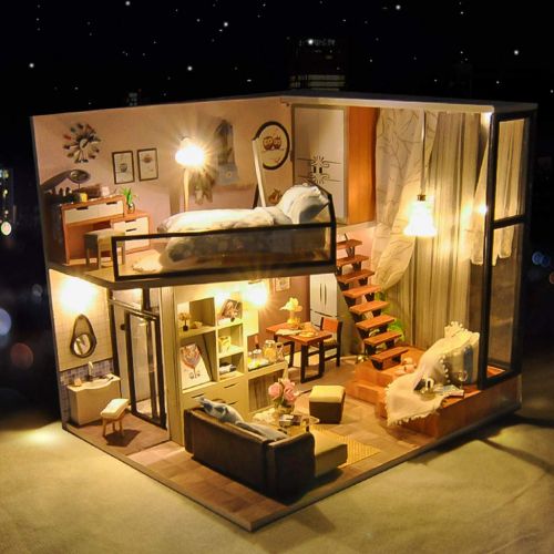  Gbell DIY Wooden House Kids 3D Puzzle Toys - Furniture Handcraft Miniature LED Lights House Decorate Box Creative Xmas Birthday Gifts for Girls Boys Kids (Multicolor)
