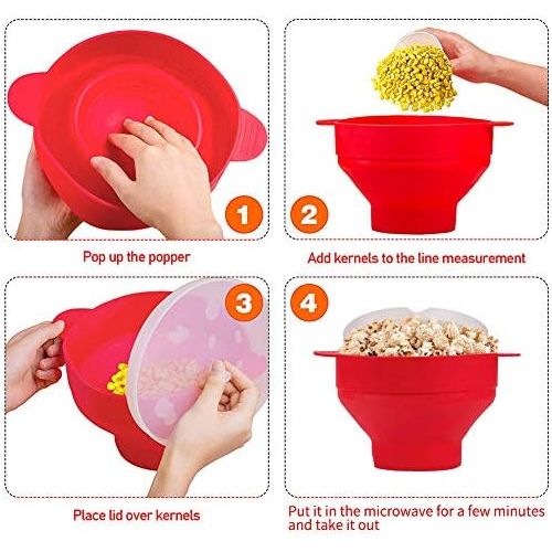  [아마존베스트]Gcroet Popcorn Popper Microwave Popcorn Machine Collapsible Silicone Popcorn Handle High Temperature Resistance Bowl for Microwave Popcorn Machine (Red)