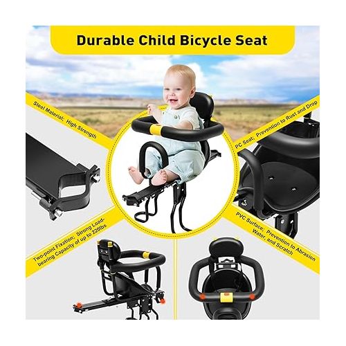  Gdrasuya10 Portable Bicycle Front Mounted Baby Seat Lightweight Child Bicycle Safety Seat Padded Saddle Kids Saddle Carrier Seat Cushion with Foot Pedal