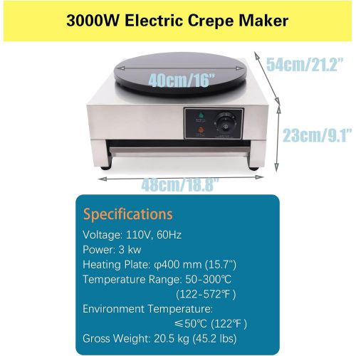  Gdrasuya10 Commercial Electric Crepe Maker 110V 16 Pancake Baking Machine Non-Stick Electric Crepe Pan Single Hotplate Adjustable Temperature 50-300℃(122-572℉) with Batter Spreader for Tortil