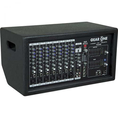  Gear One},description:The Gear One PA2400 features two 400W amps that can be directed to leftright mains, mainsmonitors, or bridged for a 800W mono. Each amp is plenty for poweri