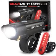 GearLight Rechargeable Bike Light Set S400 - Reflectors Powerful Front and Back Lights, Bicycle Accessories for Night Riding, Cycling - Headlight Tail Rear for Kids, Road, Mountain