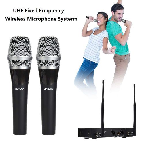  Geardon GEARDON Rechargeable Dual Wireless Microphone System, 200 Channel UHF Wireless Mic Set with 250ft Long Range Professional Performance, 15hours Battery Continuous Use for Presentati