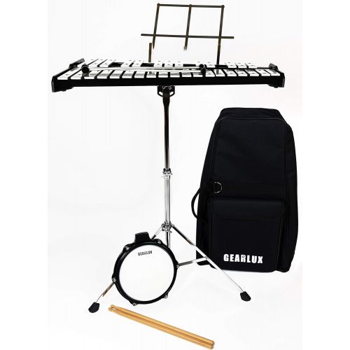  Gearlux 32-Note Glockenspiel Bell Kit with 8 Practice Pad, Stand, Music Rest, Mallets, Drum Sticks, and Gig Bag