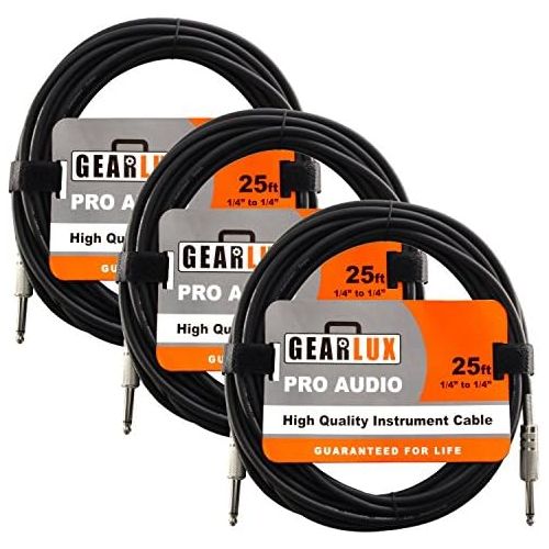  Gearlux Instrument Cable/Professional Guitar Cable 1/4 Inch to 1/4 Inch, Black, 25 Foot - 3 Pack