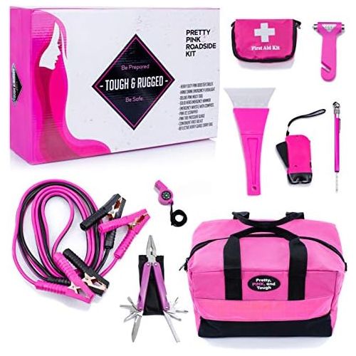  Gears Out Pretty Pink Roadside Kit - Pink Emergency kit for Teen Girls and Women - Lightweight, Soft-Sided Carry Bag with Pink Jumper Cables, First aid kit, and Pink Tools, 5 Year