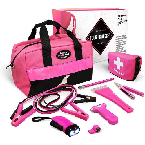  Gears Out Pretty Pink Roadside Kit - Pink Emergency kit for Teen Girls and Women - Lightweight, Soft-Sided Carry Bag with Pink Jumper Cables, First aid kit, and Pink Tools, 5 Year