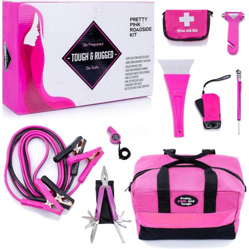  Gears Out Pretty Pink Roadside Kit - Pink Emergency kit for Teen Girls and Women - Lightweight, Soft-Sided Carry Bag with Pink Jumper Cables, First aid kit, and Pink Tools, 5 Year