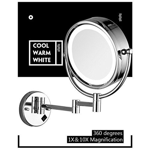  Gecious Wall Mounted Lighted Mirror Magnified Makeup with 10X Magnification/LED Lighted/8 inches/Double Sided/Direct Wire/Chrome Finished