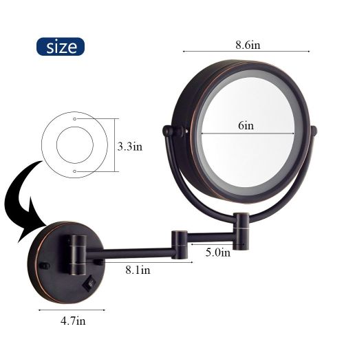  Gecious Wall Mounted Lighted Mirror Magnified Makeup with 10X Magnification/LED Lighted/8 inches/Double Sided/Direct Wire/Chrome Finished