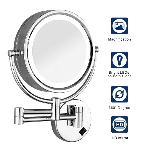  Gecious Wall Mounted Lighted Mirror Magnified Makeup with 10X Magnification/LED Lighted/8 inches/Double Sided/Direct Wire/Chrome Finished