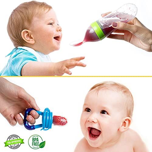  Gedebey Baby Food Feeder, Pacifier Fruit- Fresh Silicone Bottle Squeeze Spoon Frozen Fruit Teething Pacifiers Nibbler Hygienic Cover Newborn Teeth with Meshes Sizes for Baby Food S