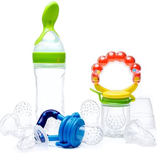  Gedebey Baby Food Feeder, Pacifier Fruit- Fresh Silicone Bottle Squeeze Spoon Frozen Fruit Teething Pacifiers Nibbler Hygienic Cover Newborn Teeth with Meshes Sizes for Baby Food S