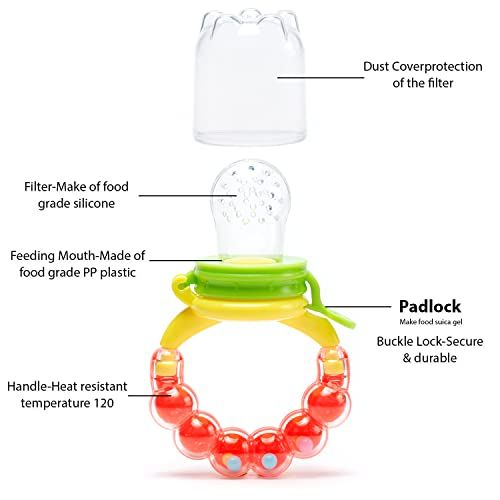 Gedebey Baby Food Feeder, Pacifier Fruit- Fresh Silicone Bottle Squeeze Spoon Frozen Fruit Teething Pacifiers Nibbler Hygienic Cover Newborn Teeth with Meshes Sizes for Baby Food S