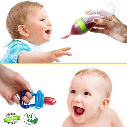  Gedebey Baby Food Feeder, Pacifier Fruit- Fresh Silicone Bottle Squeeze Spoon Frozen Fruit Teething Pacifiers Nibbler Hygienic Cover Newborn Teeth with Meshes Sizes for Baby Food S