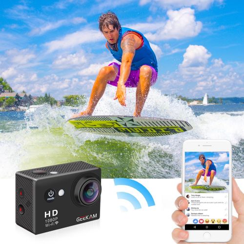  GeeKam Action Cam 1080P Wasserdicht 30 Meter Unterwasserkamera Aktion Kamera WiFi Sport Kamera 12MP Full HD 2 Zoll LCD 170 ° Ultra Weitwinkel mit 2 Batterien und Zubehoer